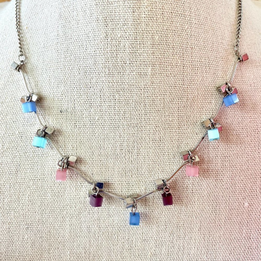 Pretty Silver-tone Cat's Eye Cube Articulating Necklace By Lia Sophia⎜ EUC